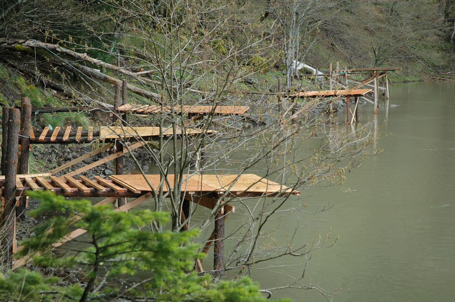 Yakama tribal fishermen have built more than a dozen scaffolds to use at Drano Lake in the Columbia River Gorge. These are on the west side of the lake.