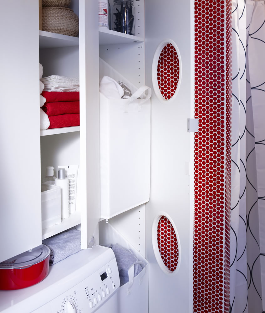 Ikea's Lillangen laundry hamper and tall-boy cabinet has portholes for laundry, perfect for a tight narrow space.