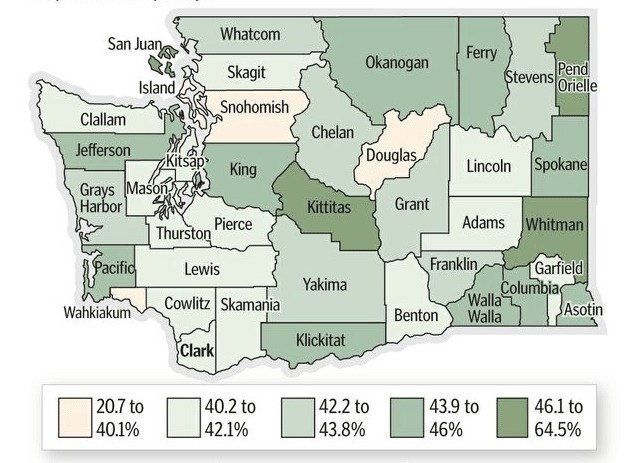 Income inequality in Washington by county as measured by the Gini index. A score of zero equals perfect equality.