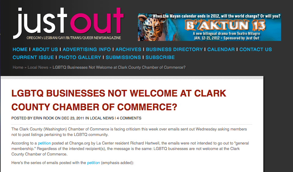 Local LGBT advocates were quick to denounce the Clark County Chamber of Commerce after someone hacked their email account, sending messages saying that gay, bisexual and transgender businesses should stay out of Clark County.