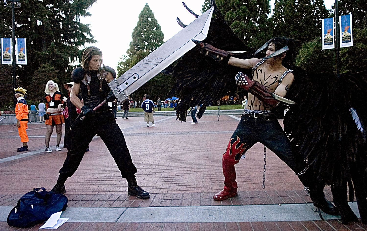 Chris Menges of Sequim,  left, plays Angeal from Final Fantasy 7: Crisis Core, squares off in cosplay with Eugene Cheng of Seattle, playing Devil Jin from the video game Tekken, during the 2007 Kumoricon in Vancouver.