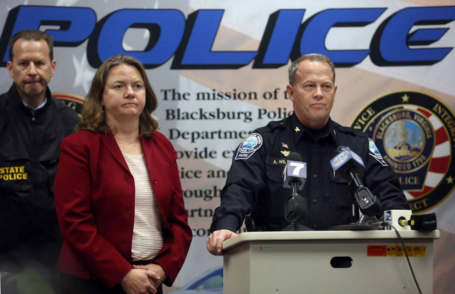 Montgomery County Commonwealth&#039;s Attorney Mary Pettitt, left, and Blacksburg Police Chief Anthony Wilson listen to questions during a news conference Saturday, in Blacksburg Va. Virginia Tech student, David Eisenhauer, has been charged with first-degree murder in the death of Nicole Madison Lovell, whose remains were found in North Carolina.