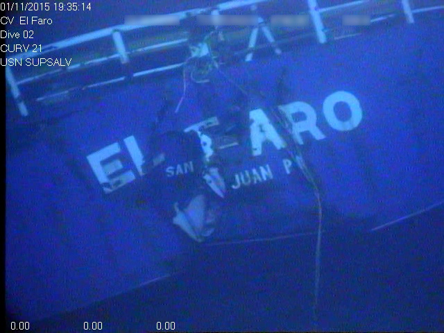 The damaged stern of the sunken freighter El Faro is seen on the seafloor, 15,000 feet deep near the Bahamas. The freighter sunk on Oct. 1, after losing engine power and getting caught in a Category 4 hurricane.  All 33 crew members aboard were lost at sea. Federal investigators are considering launching another search of the wreckage of a freighter.