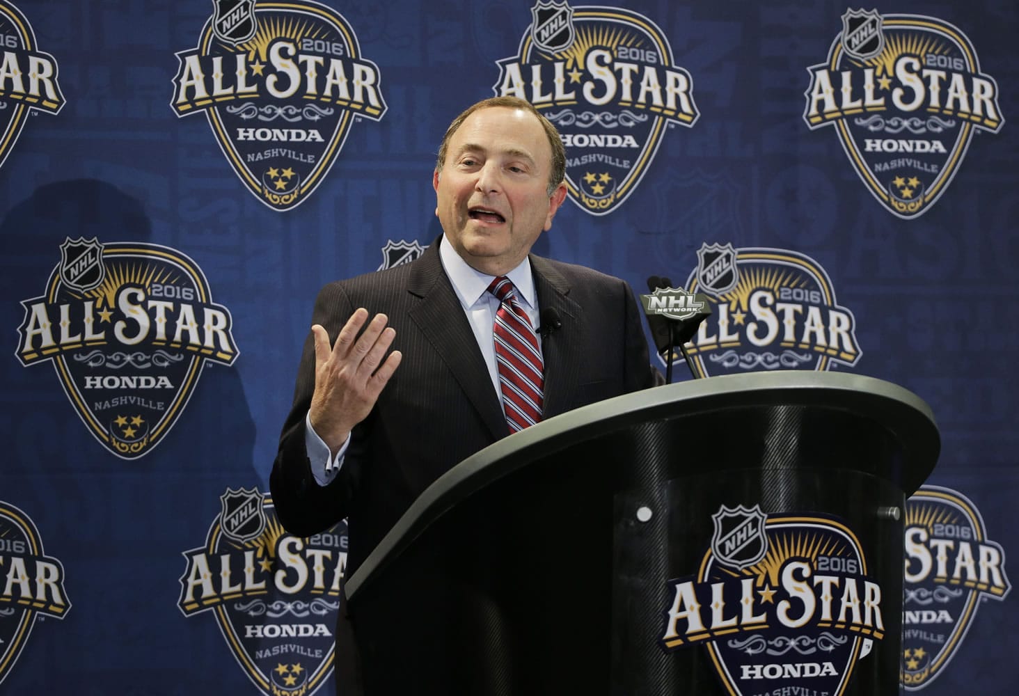 NHL commissioner Gary Bettman answers a question during a news conference before the NHL All-Star hockey game skills competition, Saturday, Jan. 30, 2016, in Nashville, Tenn.