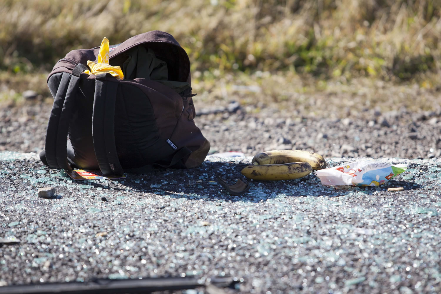 A backpack lies on a road after a minivan crashed, near Turangi, New Zealand, Saturday, May 12, 2012. Three Boston University students who were studying in New Zealand were killed Saturday when their minivan crashed. At least five other students from the university were injured in the accident, including one who was in critical condition.