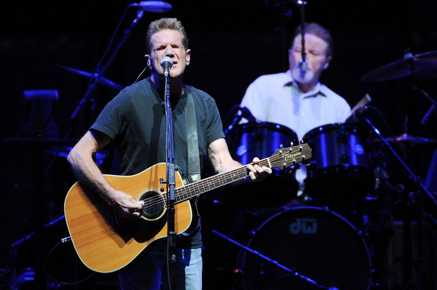 Musicians Glenn Frey, left, and Don Henley of the Eagles perform in 2013 at Madison Square Garden in New York. Frey, who co-founded the Eagles, died Monday at age 67.