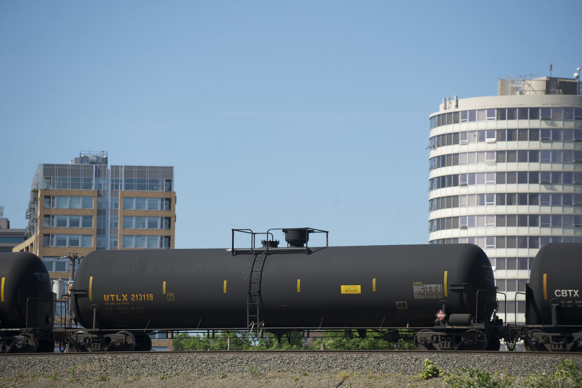 An oil train heads west through downtown Vancouver, near the Columbia Street overpass, in June 2014.
