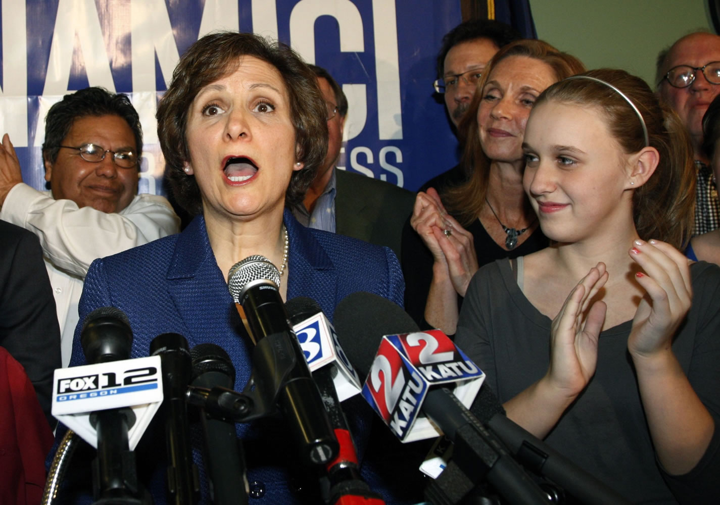 Democrat Suzanne Bonamici celebrates after winning the special election for Oregon's First Congressional District against Republican Rob Cornilles on Tuesday.