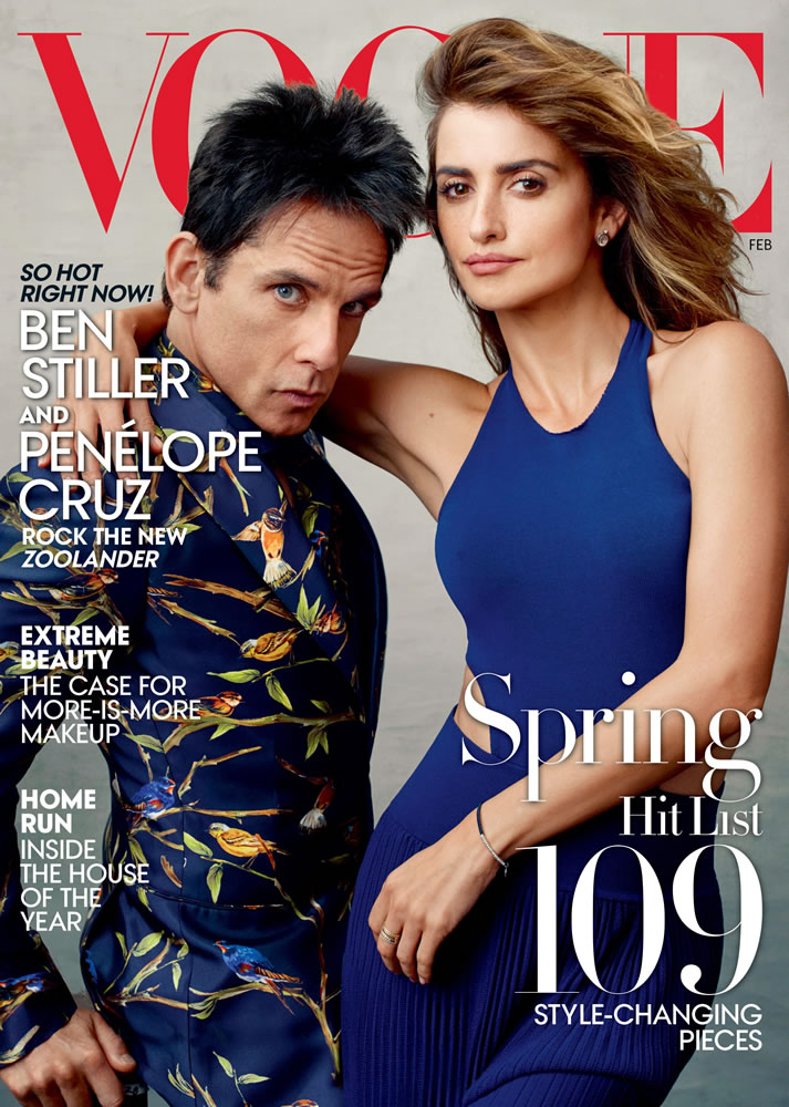 This image released by Vogue shows actor Ben Stiller, portraying Derek Zoolander, left, with actress Penelope Cruz from the film, &quot;Zoolander 2,&quot; on the February 2016 cover of the magazine, available on newsstands nationwide on Jan. 26.