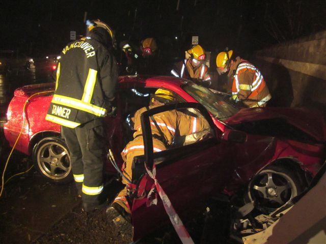A total of 10 firefighters worked to extricate and care for the two patients in a crash at Northeast 102nd Avenue and Covington Road on Wednesday evening.