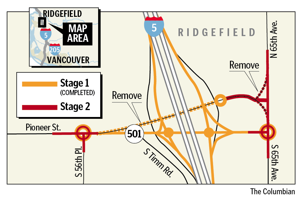 Work on the second stage of the Interstate 5 - state Highway 501 interchange in Ridgefield begins in April 2012.