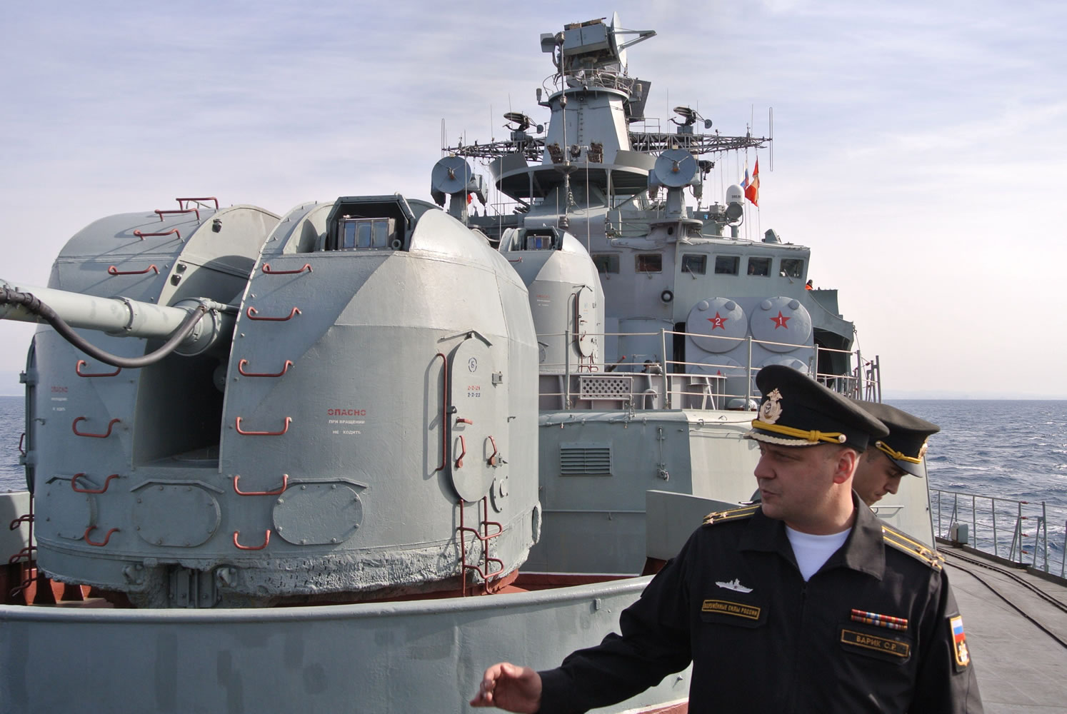 Capt. 1st Grade Stanislav Varik, commander of the Russian navy destroyer Vice Admiral Kulakov, talks to reporters on board his ship Thursday in the eastern Mediterranean.