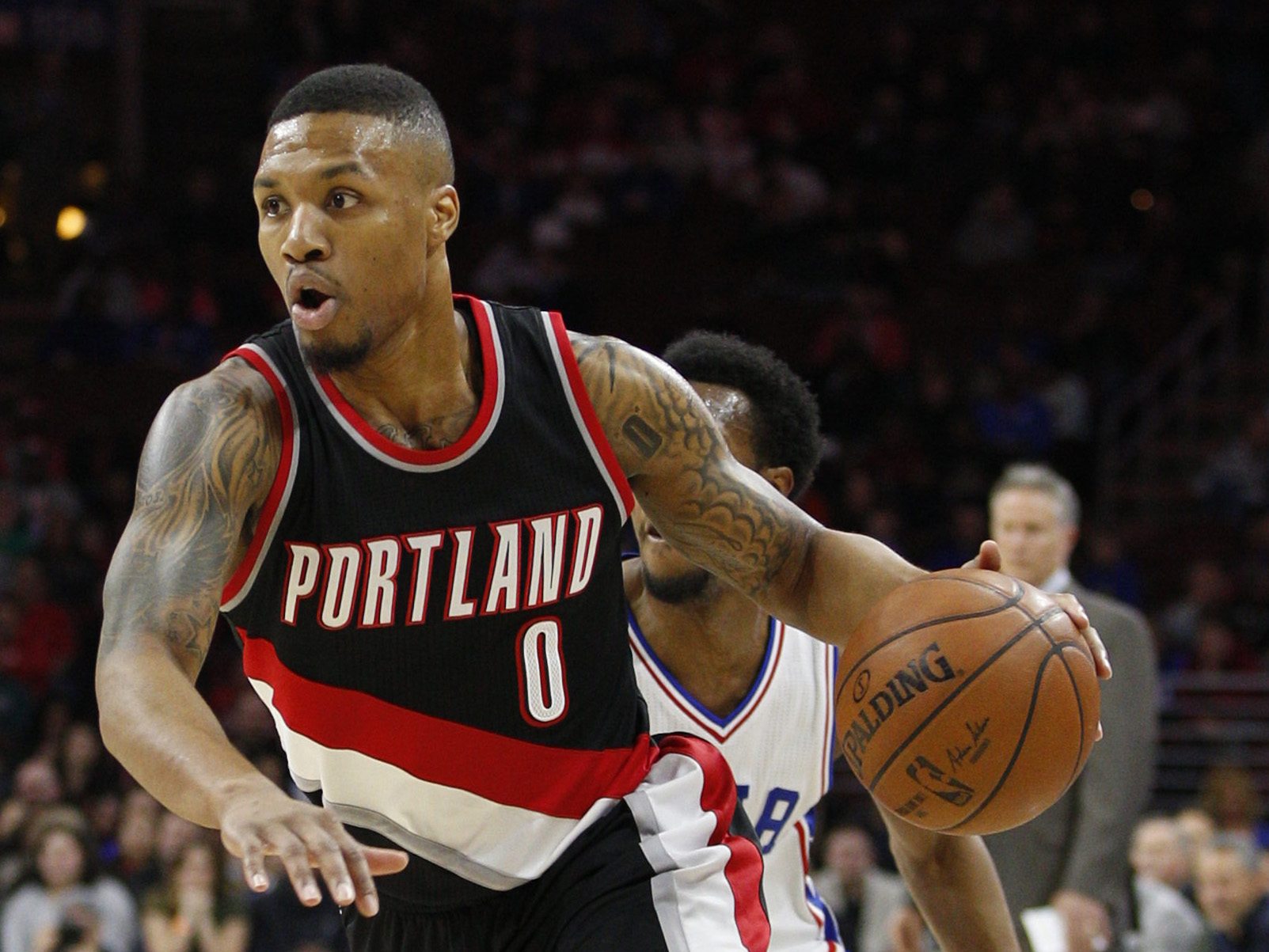 Portland Trail Blazers' Damian Lillard in action during the first half of an NBA basketball game against the Philadelphia 76ers, Saturday, Jan. 16, 2016, in Philadelphia. The 76ers won 114-89.