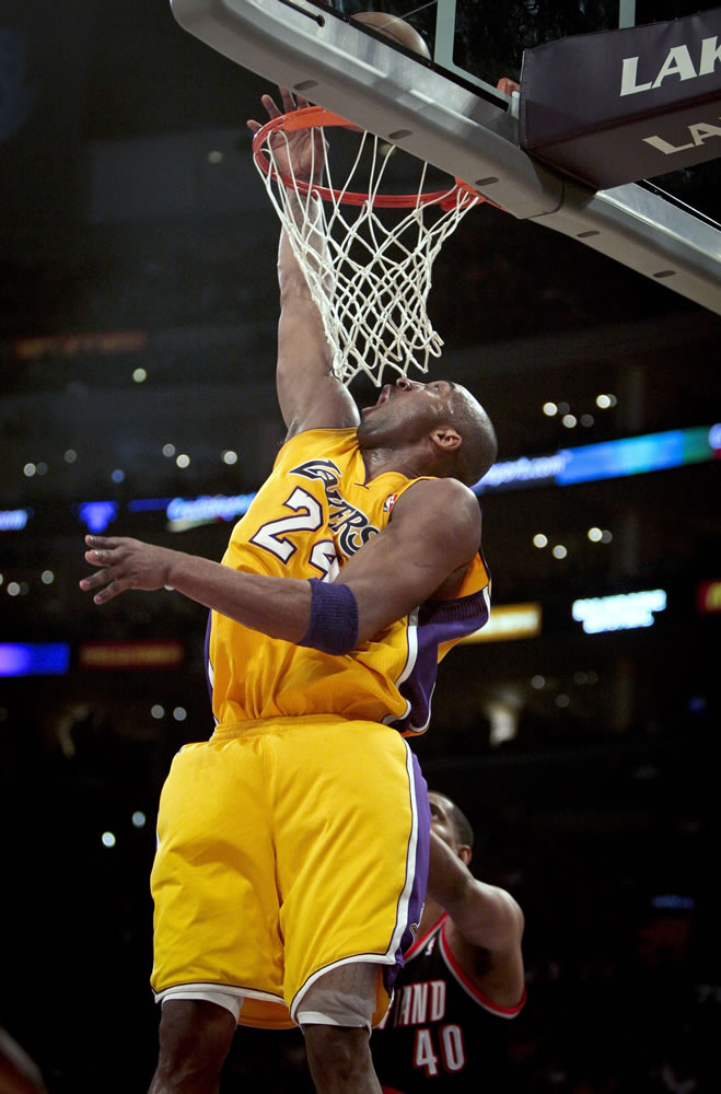Los Angeles Lakers guard Kobe Bryant scored 28 points in his team's 103-92 win Monday over the Trail Blazers.