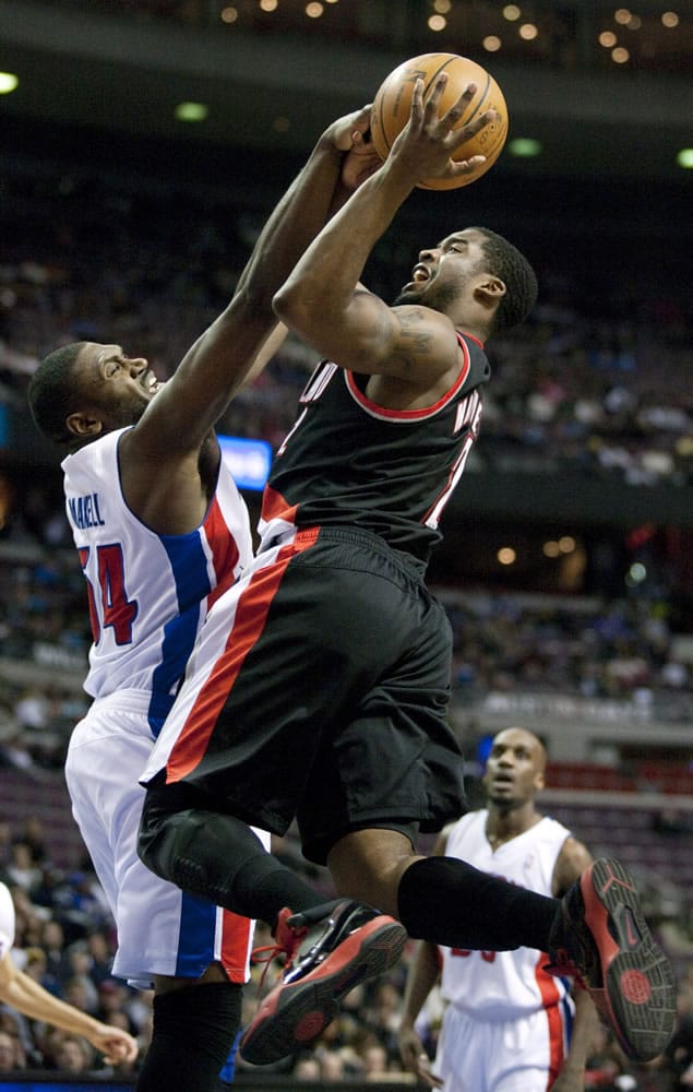 Portland Trail Blazers' Wesley Matthews, right, goes to the basket against Detroit Pistons' Jason Maxiell in the first half Saturday.