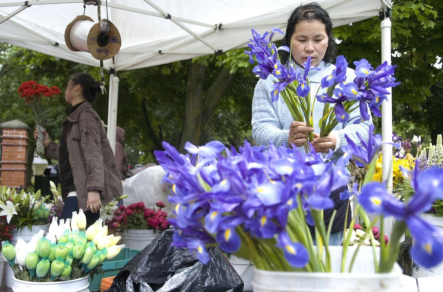 Columbian files
Ker Chang, right, and daughter Hlee set up their Chang Summer Bloom booth at the opening night of the Vancouver Farmers Market Friday in 2010. They grow all their own flowers in Woodburn, Ore.