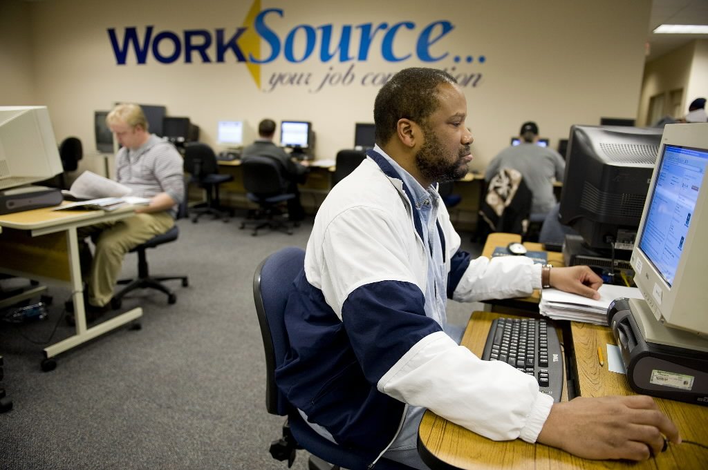 Job seekers check employment databases at WorkSource on East Mill Plain last year.