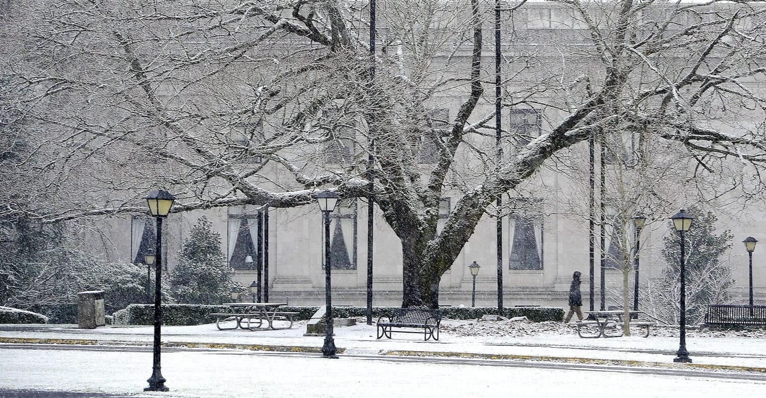 A pedestrian walks as snow falls at the state Capitol in Olympia on Jan. 3.