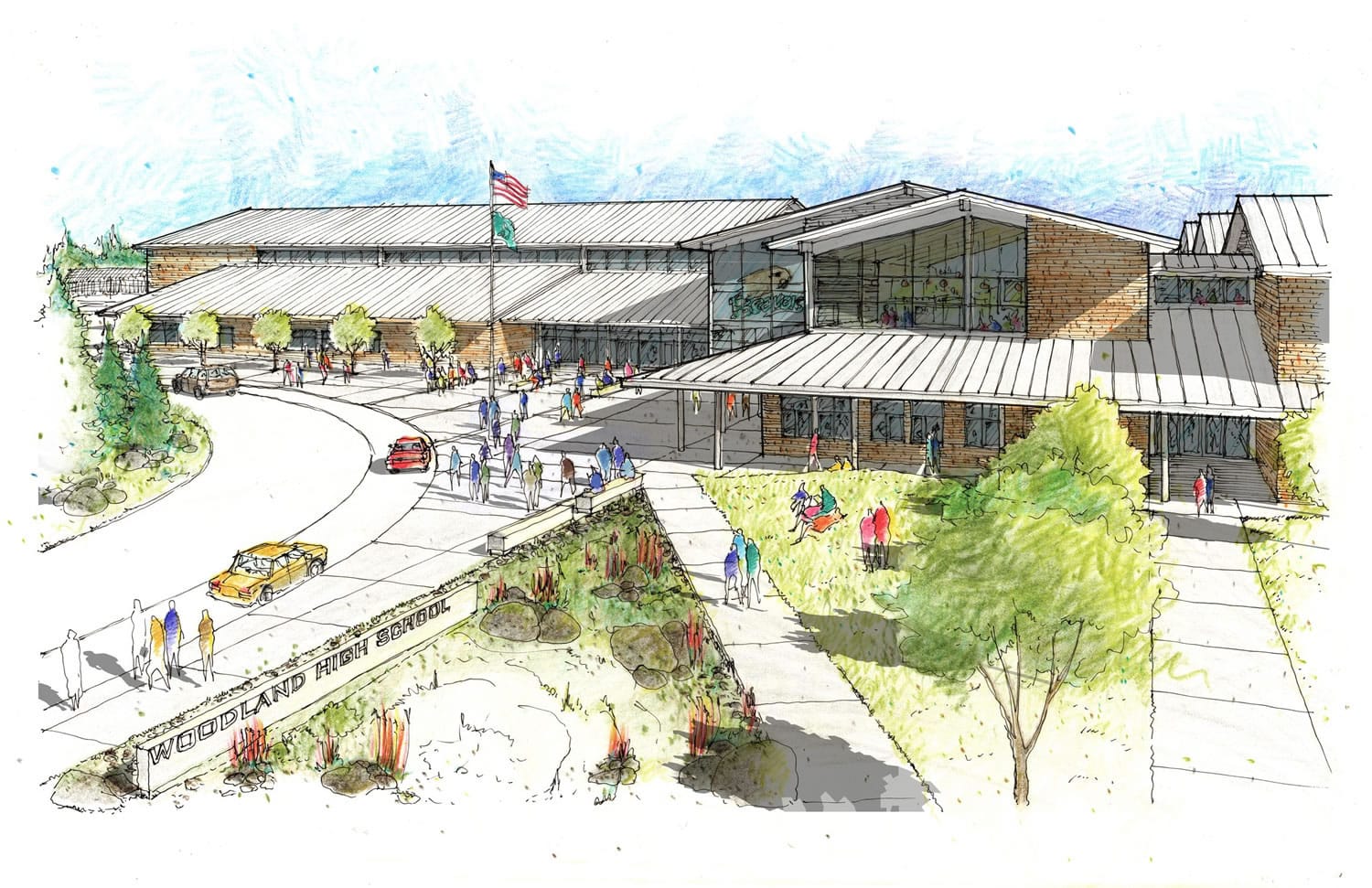 Rendering of front of proposed Woodland High School.