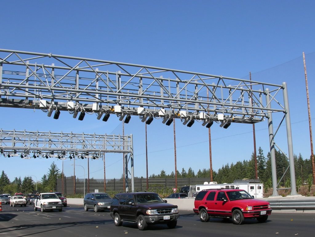 Electronic toll lanes at the Tacoma Narrows Bridge allow cars to cross the bridge without stopping at toll booths.