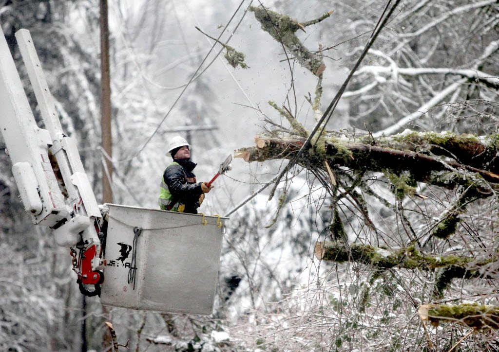 Travis Barrett leans back as a chunk of tree springs upward after his cut with an electric chainsaw on in Seattle.