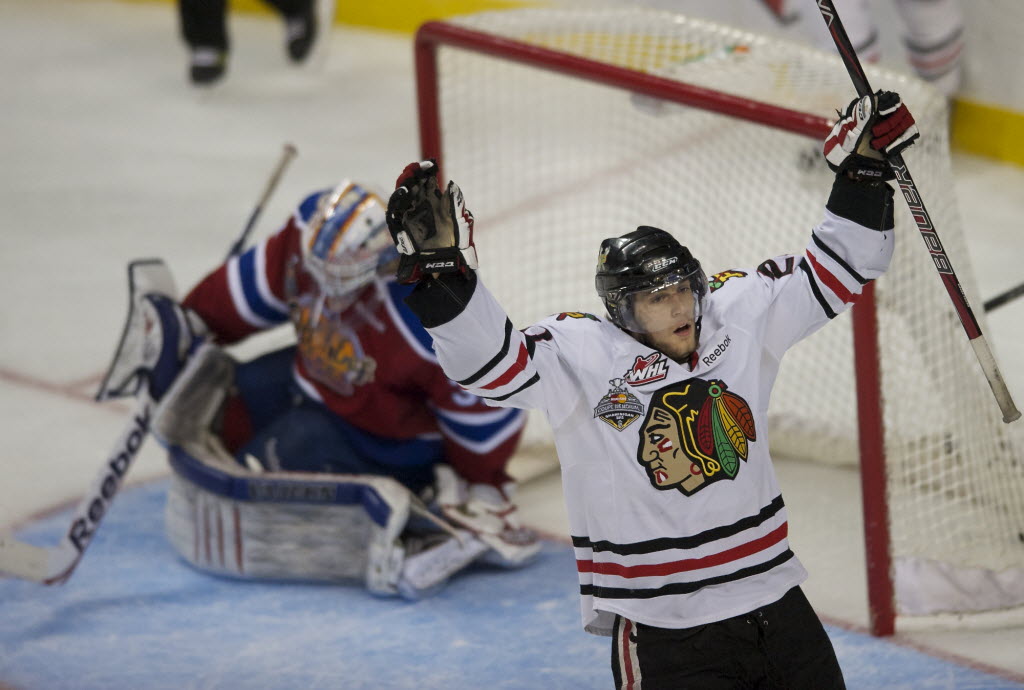 Winterhawks' Taylor Leier celebrates after assisting on a goal by Joseph Morrow against the Oil Kings in the third period of game 6 at the Rose Garden on Saturday.