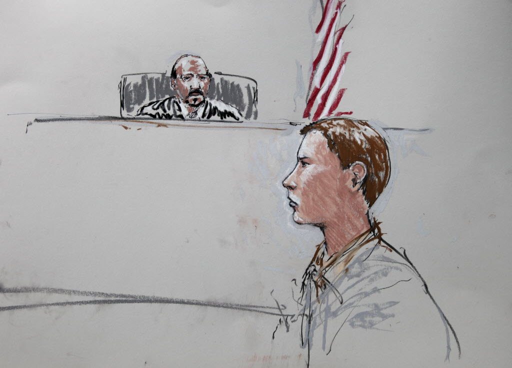 In this courtroom sketch, Colton Harris-Moore, right, is shown as he appears before Judge Richard Jones, left, in federal court, Friday in Seattle.