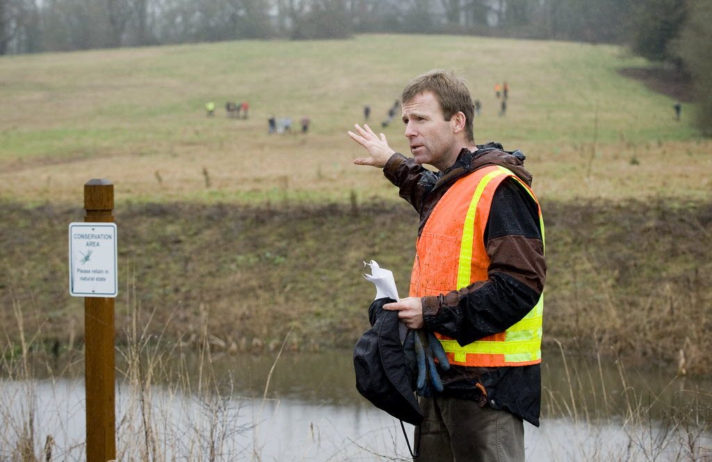 Kevin Gray, director of Clark County Environmental Services, talks about stormwater management at Fairgrounds Community Park in Ridgefield in January.