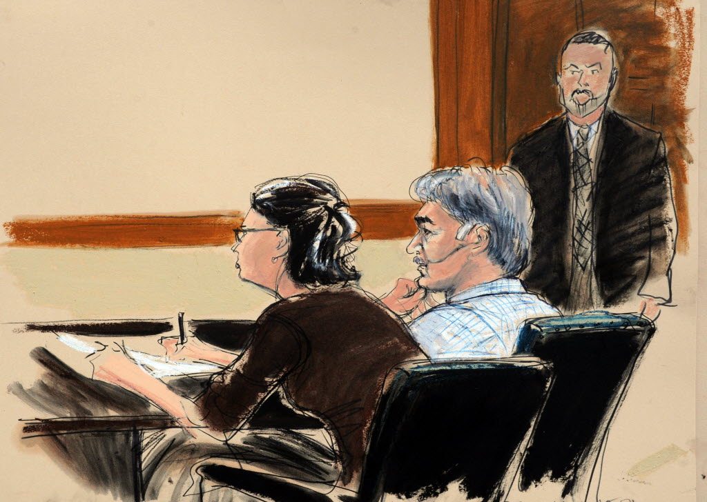 In this courtroom sketch, defense attorney Sabrina Shroff, from left, defendant Manssor Arbabsiar and an unidentified federal marshal sit before Judge Michael Dolinger for the arraignment of Arbabsiar on Tuesday in New York.