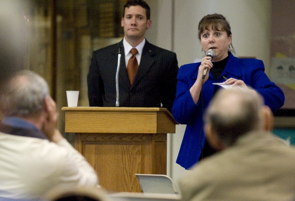 Vancouver City Council member Jeanne Harris, right, and Vancouver Mayor Tim Leavitt answer questions at a town hall meeting at Hudson's Bay High School on Wednesday, April 21, 2010.