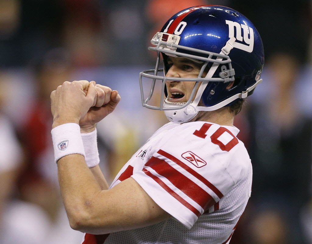 New York Giants quarterback Eli Manning reacts in the closing minutes of his team's victory in Super Bowl XLVI against the New England Patriots on Sunday in Indianapolis.