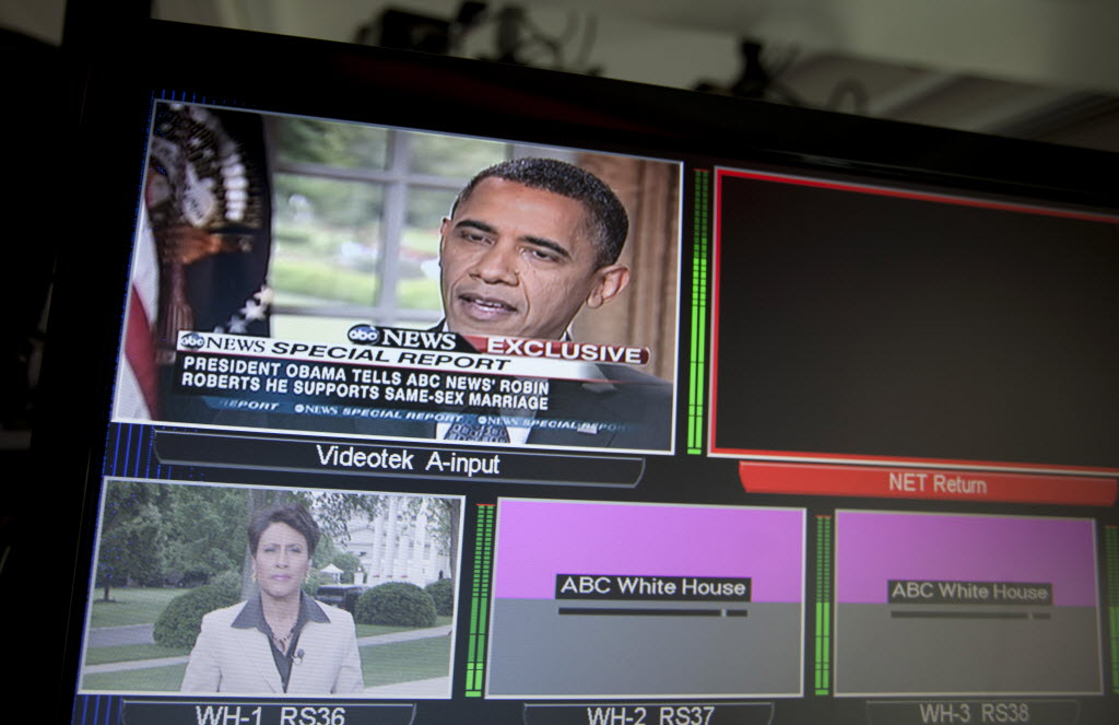 President Barack Obama, shown on television monitors in the White House briefing room in Washington on Wednesday, told an ABC News interviewer that he supports gay marriage.
