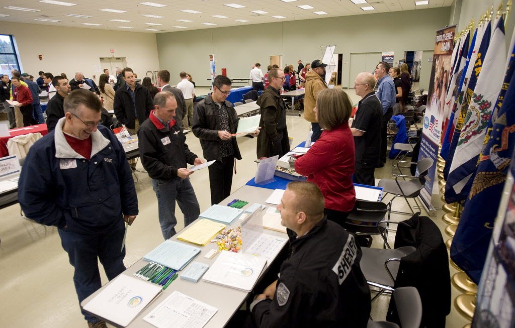 Veterans look for work at a job fair sponsored by WorkSource held at the new Armed Forces Reserve Center In Vancouver on November 17.