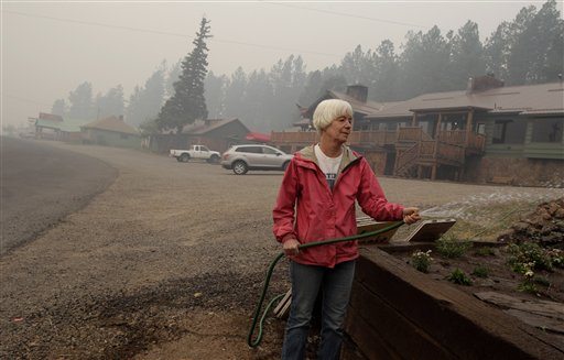 Barbara Keehn, 56, waters plants as heavy smoke from the Wallow fire fills the town of Greer, Ariz., Sunday, June 5, 2011. Crews used controlled backfires early Sunday to blunt the advance of a major wildfire near mountain communities in eastern Arizona, a blaze termed &quot;absolutely frightening&quot; by the state's governor that has already burned through 225 square miles of forest and brush. (AP Photo/Jae C.