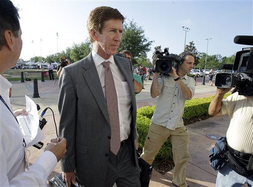 Attorney Mark O'Mara arrives at the Seminole County Criminal Justice Center for the bond hearing of his client George Zimmerman, the neighborhood watch volunteer charged with murdering Trayvon Martin, Friday, April 20, 2012, in Sanford, Fla.