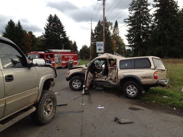 Two occupants of a compact pickup were injured Saturday in a crash north of Battle Ground near the intersection of Northeast 142nd Avenue and 249th Street.