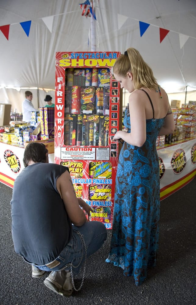 Derek Marshall, 35, and  Shianne Wright, 27, both of Vancouver, check out the $549.99 Spectacular Show fireworks kit at a stand in Vancouver in 2010.
