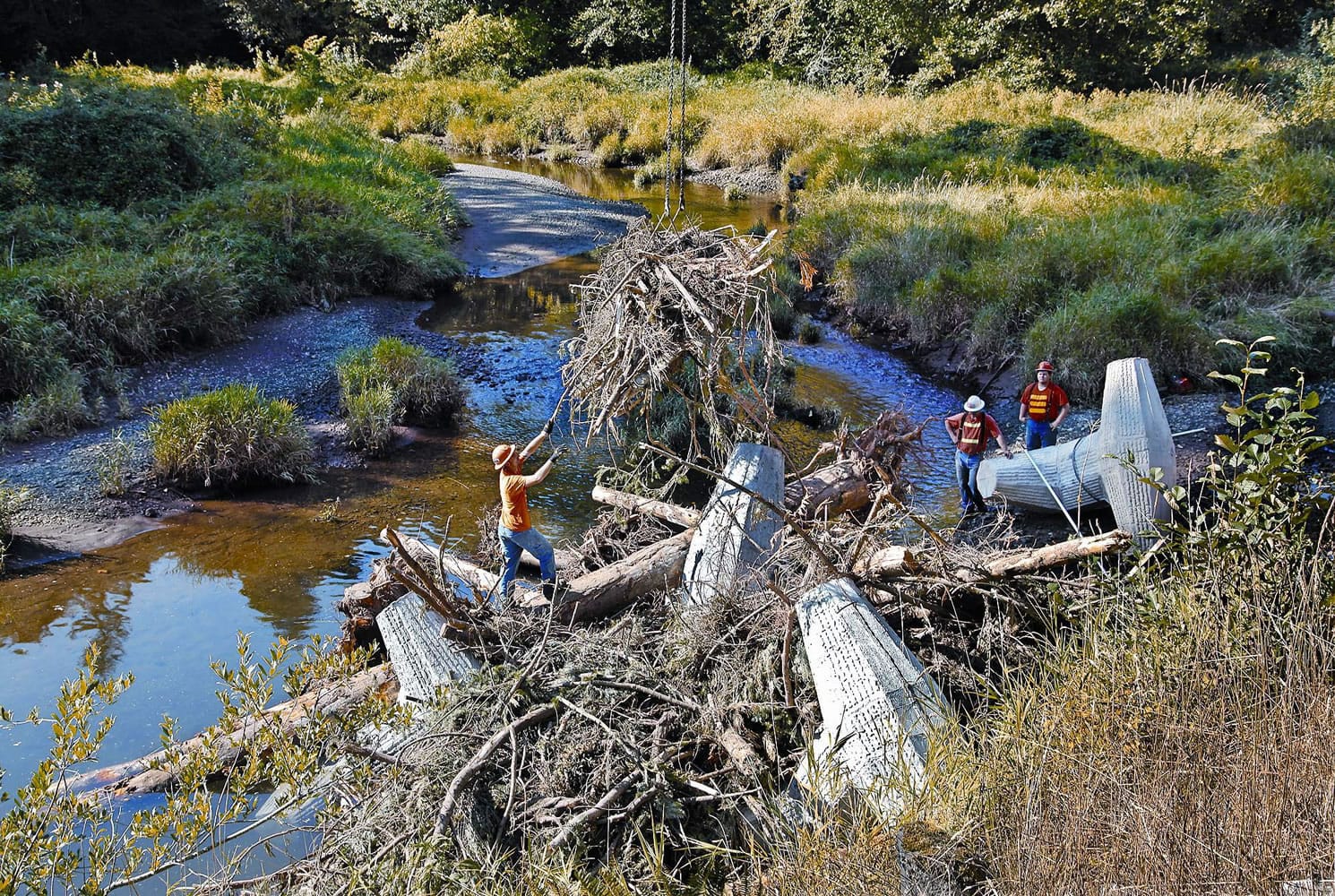 Members of Horsley Timber and Construction create artificial log jams with concrete dolos and layers of logs and brush along lower Germany Creek.