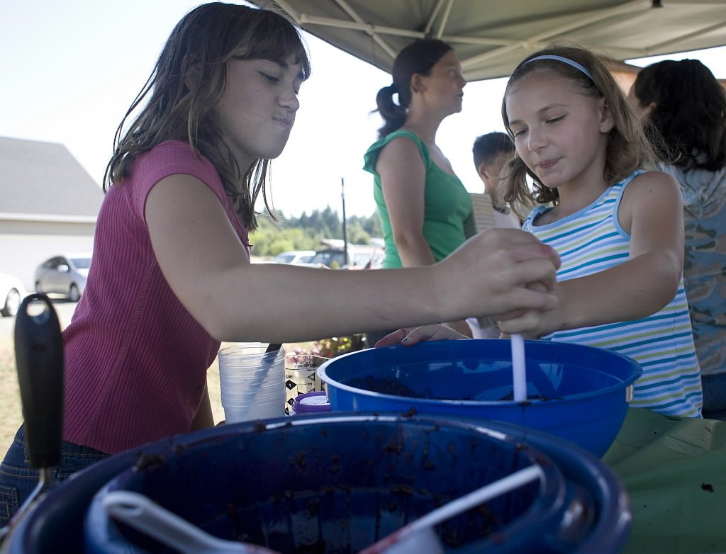 Sisters Madison, 11, and Carla Jooste, 8, of Camas mix together berries, sugar and a special freezer jam mix at a 2009 WSU Extension Jam and Bread camp.