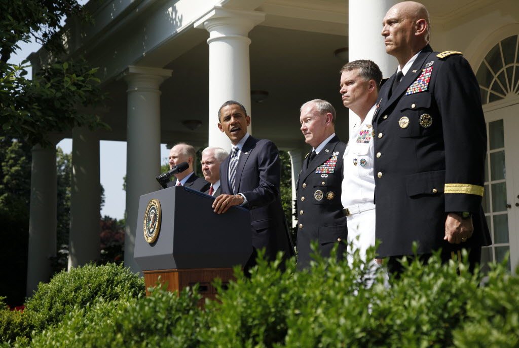 President Barack Obama introduces his choice for next Chairman of the Joint Chiefs of Staff, Army Gen. Martin Dempsey, third from right, the next vice chairman of the Joint Chiefs of Staff Adm. James Winnefeld and Gen. Ray Odierno, right, to be Army Chief of Staff during a Rose Garden announcement at the White House in Washington, Monday.