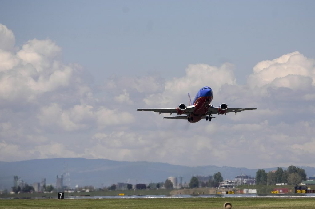 A Southwest Airlines jet uses the north runway at PDX.