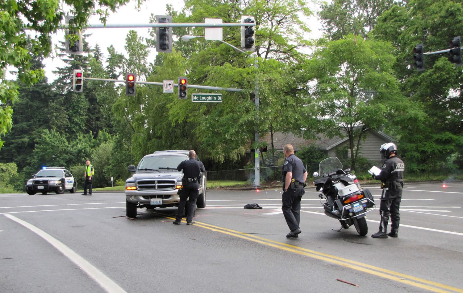 The Vancouver police traffic unit investigate a truck versus pedestrian crash in central Vancouver Tuesday morning.