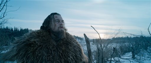 This photo provided by courtesy of  Twentieth Century Fox shows, Leonardo DiCaprio as Hugh Glass, in a scene from the film, "The Revenant." DiCaprio was nominated for an Oscar for best actor on Thursday, Jan. 14, 2016, for his role in the film. The 88th annual Academy Awards will take place on Sunday, Feb. 28, at the Dolby Theatre in Los Angeles.