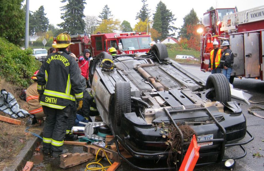 Firefighters responded to a rollover accident on the Interstate 5 south ramp to East Fourth Plain Boulevard on Monday afternoon.