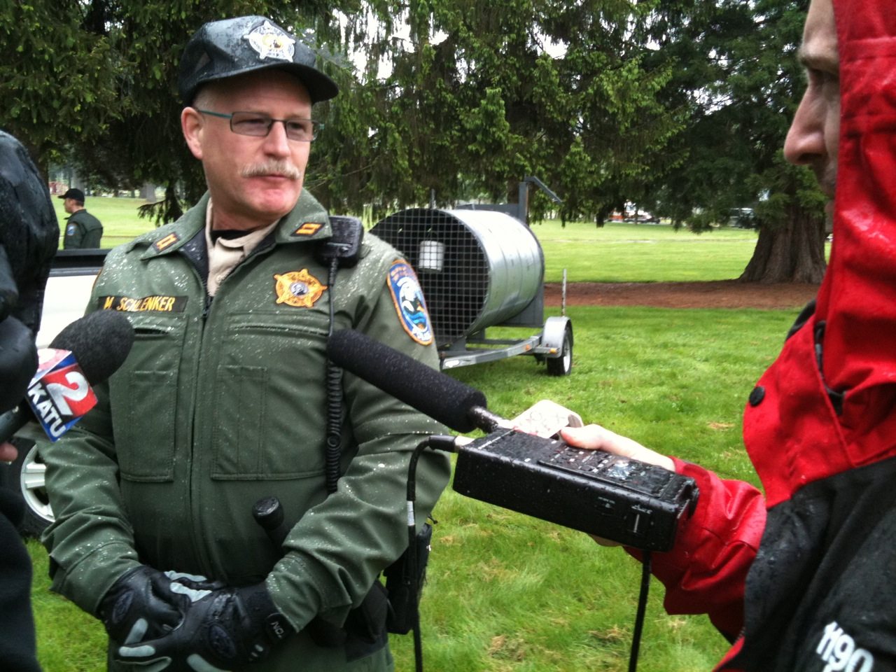 Capt. Murray Schlenker of the Department of Fish and Wildlife talks about the seizure of a bear that got stuck in a tree this morning at the intersection of East Mill Plain and East Fort Vancouver Way.
