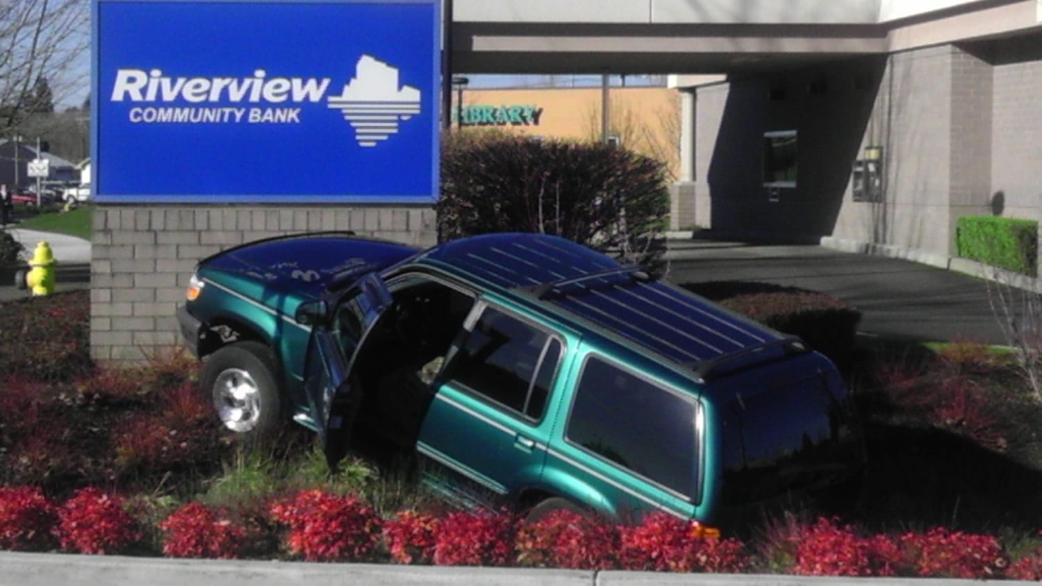 No injuries were reported Thursday when this SUV crashed into Riverview Community Bank's sign at its Salmon Creek Branch, 800 N.E. Tenney Road, about 1:50 p.m.