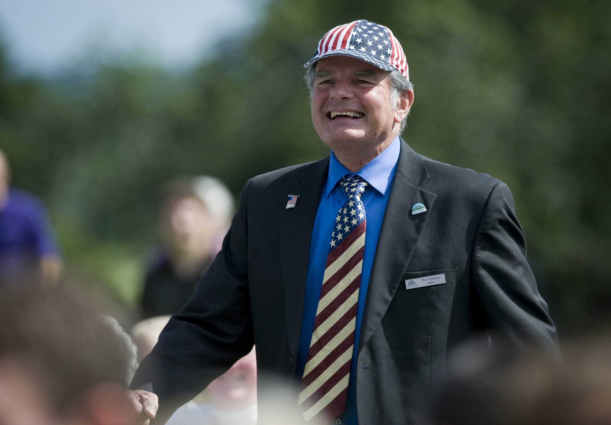 Ridgefield Mayor Ron Onslow competes in the patriotic tie contest during the Annual Flag Day observance on the parade grounds at the Vancouver Barracks on Monday June 14, 2010.