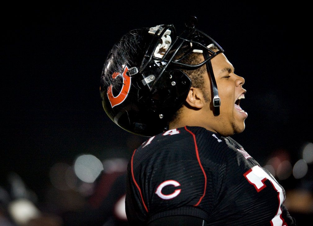 Camas High School's Gary Stokes screams in the direction of the crowd in the closing seconds of their 3A quarterfinal playoff victory against Meadowdale at Doc Harris Stadium on Saturday November 19, 2011.