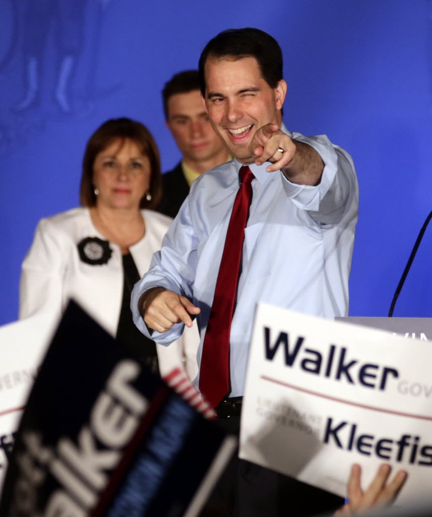 Wisconsin Republican Gov. Scott Walker reacts at his victory party Tuesday in Waukesha, Wis.