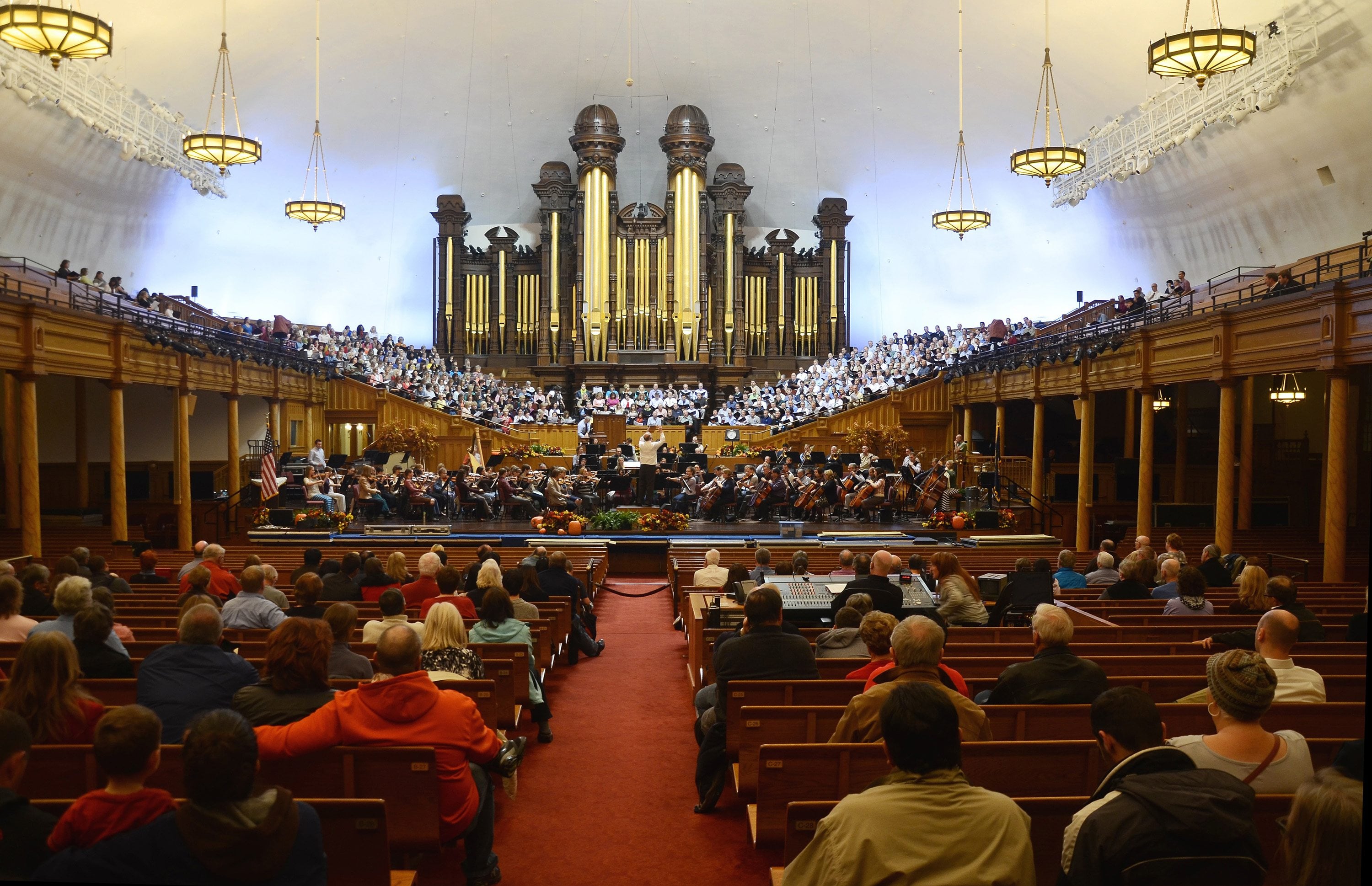 The Mormon Tabernacle Choir rehearses at the Mormon Tabernacle in Temple Square, Salt Lake City. On most Thursday nights, the rehearsals are open to the public.